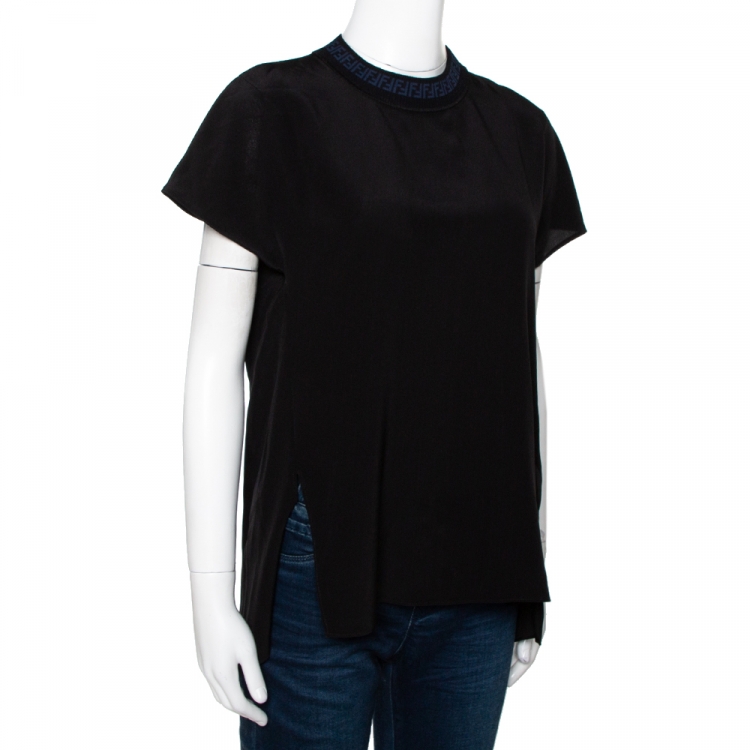 Pre Owned Fendi Black Silk Ribbed Logo Neck Trim Detail Top S