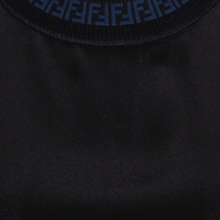 Pre Owned Fendi Black Silk Ribbed Logo Neck Trim Detail Top S