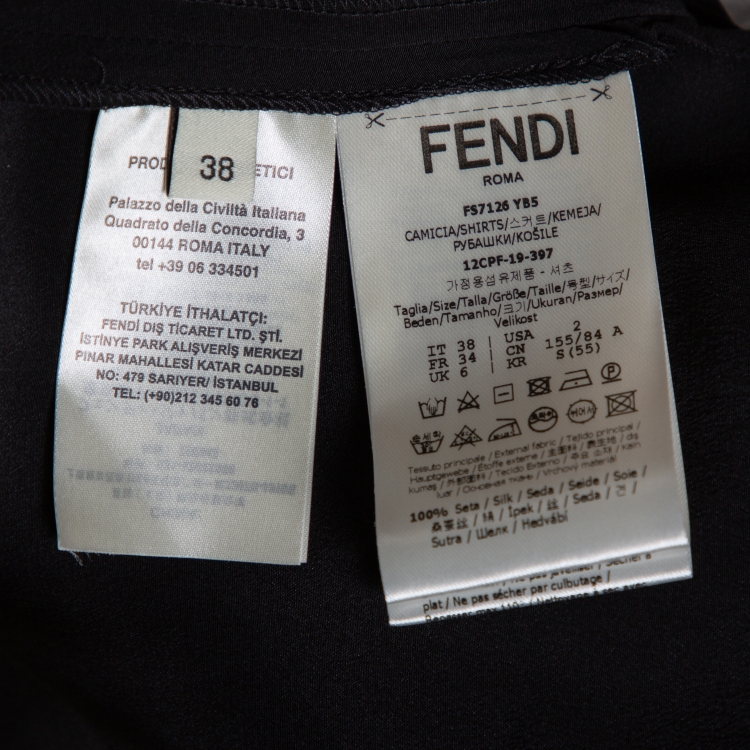 Pre Owned Fendi Black Silk Ribbed Logo Neck Trim Detail Top S