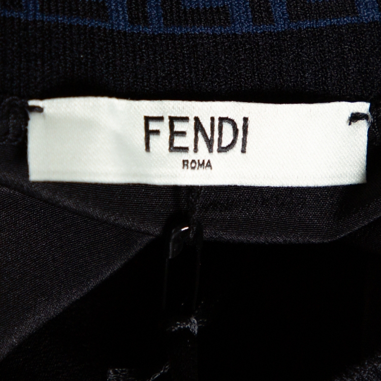 Pre Owned Fendi Black Silk Ribbed Logo Neck Trim Detail Top S