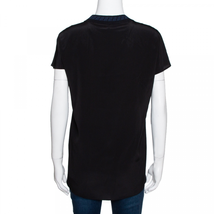 Pre Owned Fendi Black Silk Ribbed Logo Neck Trim Detail Top S