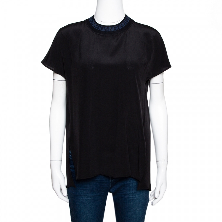 Pre Owned Fendi Black Silk Ribbed Logo Neck Trim Detail Top S
