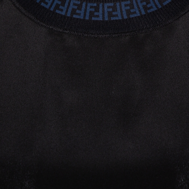Pre Owned Fendi Black Silk Ribbed Logo Neck Trim Detail Top S