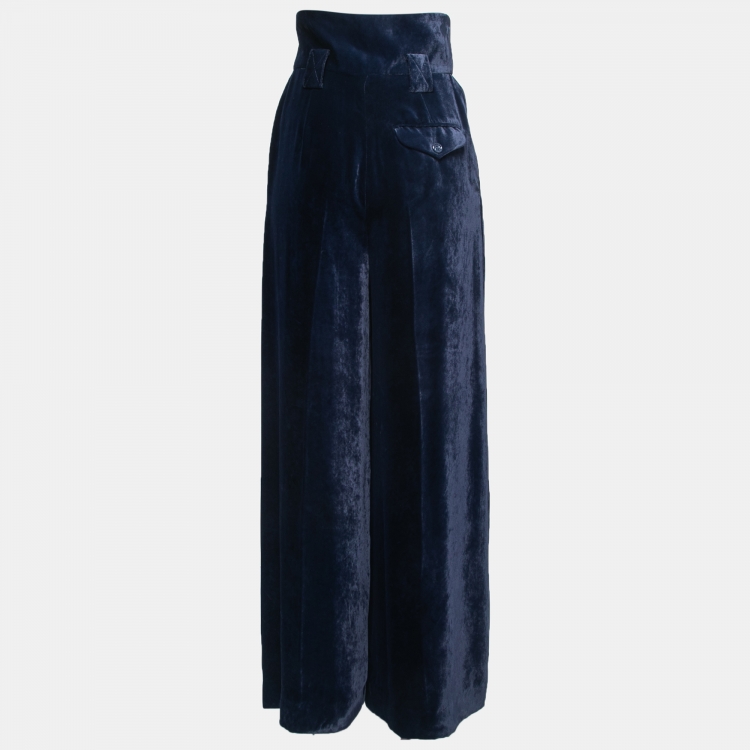 Pre Owned Fendi Blue Velvet High Waist Wide Leg Trousers S
