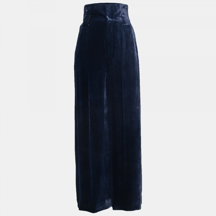 Pre Owned Fendi Blue Velvet High Waist Wide Leg Trousers S