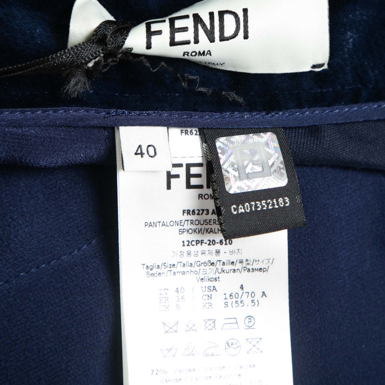 Pre Owned Fendi Blue Velvet High Waist Wide Leg Trousers S