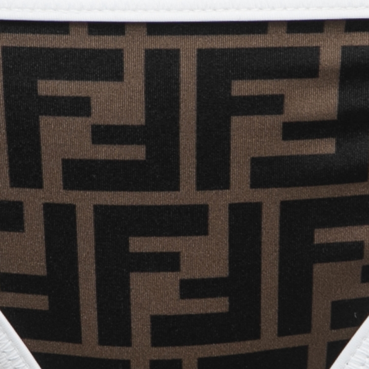 Pre Owned Fendi Brown/ White FF Monogram Print Nylon Triangle Bikini S