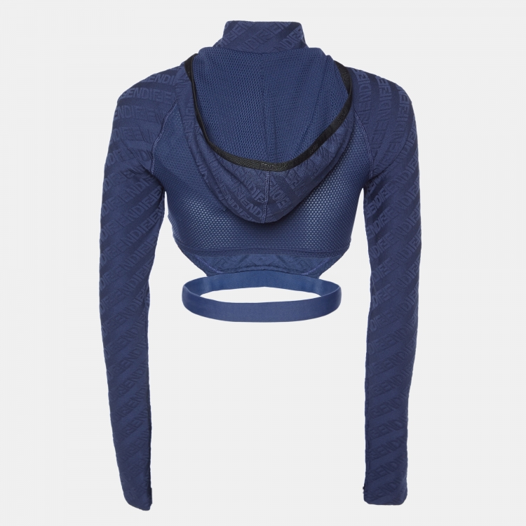 Pre Owned Fendi Eddie Blue Logo Jersey Hooded Crop Top M