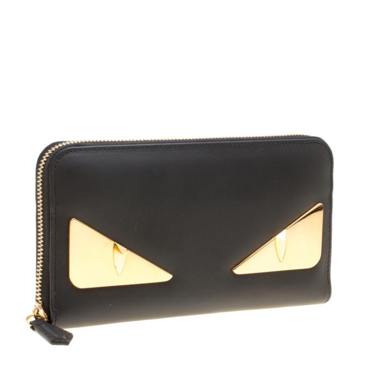 Pre Owned Fendi Black Leather Metallic Monster Eyes Bugs Zip Around Wallet