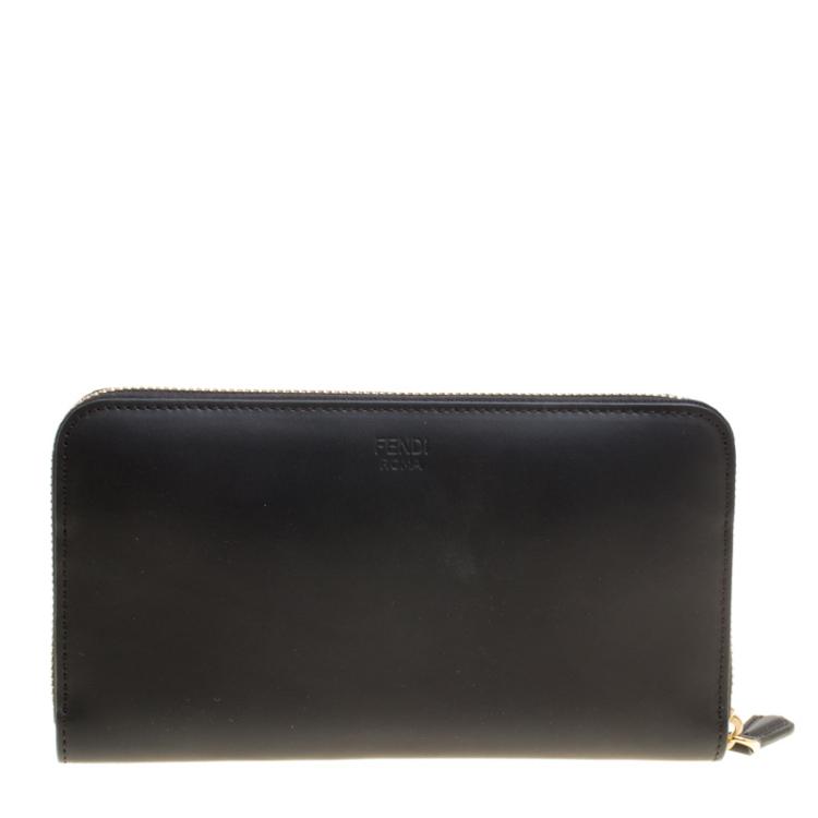 Pre Owned Fendi Black Leather Metallic Monster Eyes Bugs Zip Around Wallet