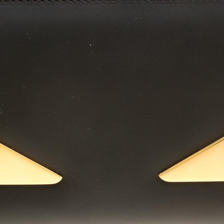 Pre Owned Fendi Black Leather Metallic Monster Eyes Bugs Zip Around Wallet