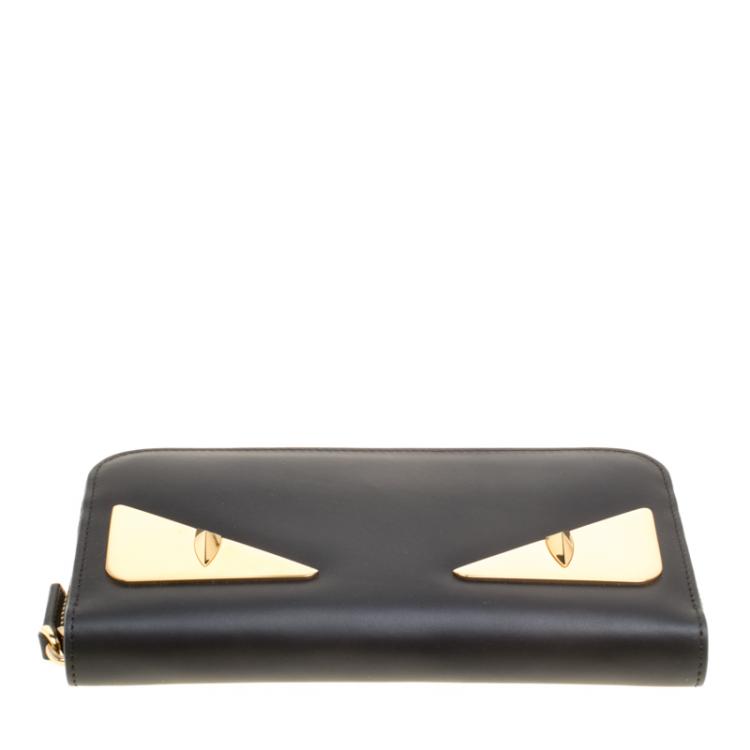 Pre Owned Fendi Black Leather Metallic Monster Eyes Bugs Zip Around Wallet