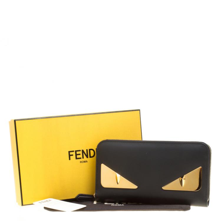 Pre Owned Fendi Black Leather Metallic Monster Eyes Bugs Zip Around Wallet