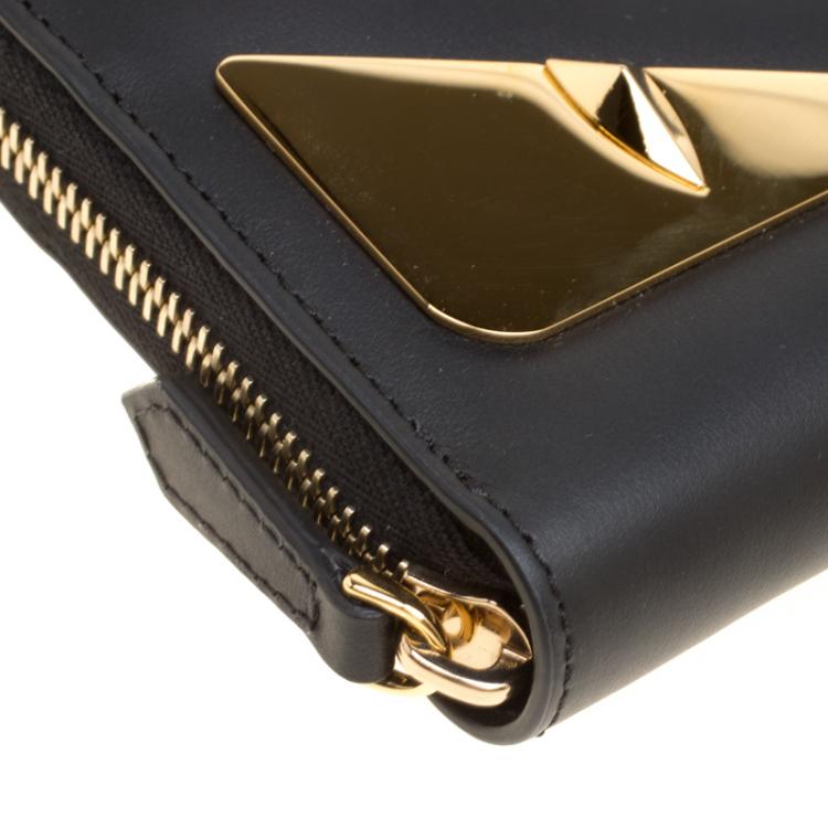 Pre Owned Fendi Black Leather Metallic Monster Eyes Bugs Zip Around Wallet