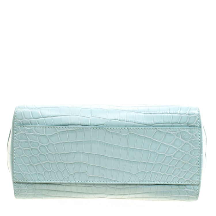 Pre Owned Fendi Mint Green Crocodile Mini Peekaboo Top Handle Bag