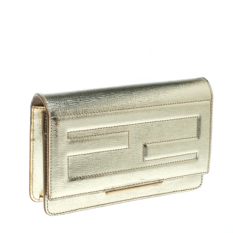 Pre Owned Fendi Gold Leather Tube On Chain Wallet 