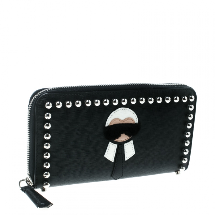 Pre Owned Fendi Black Leather Karlito Zip Around Wallet