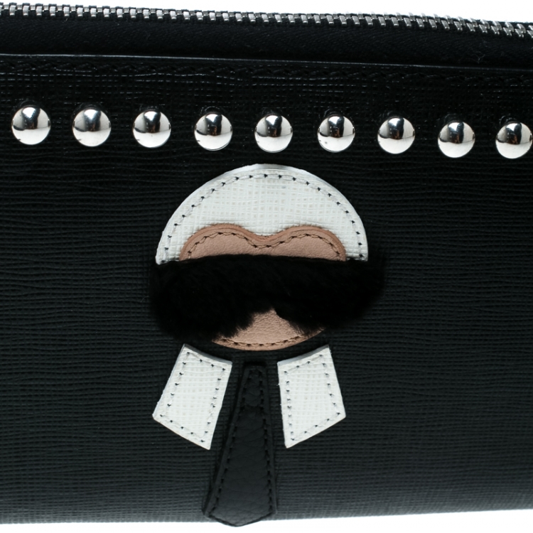 Pre Owned Fendi Black Leather Karlito Zip Around Wallet