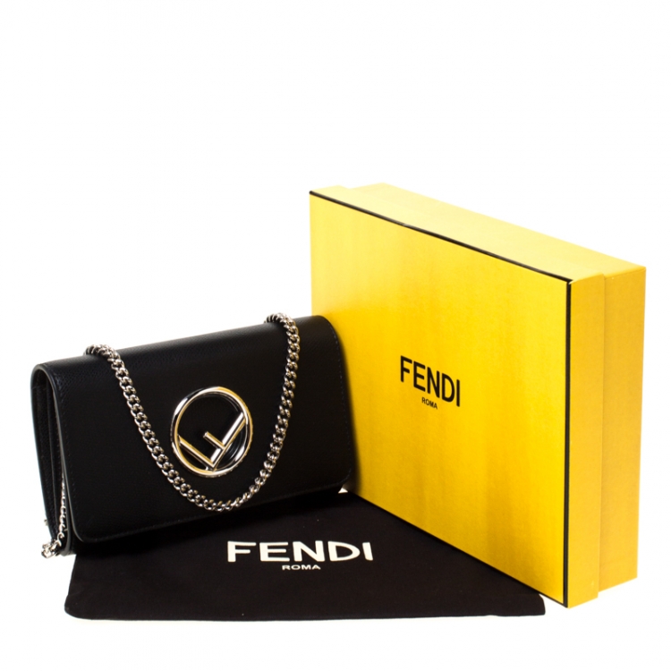 Pre Owned Fendi Black Leather Wallet on Chain