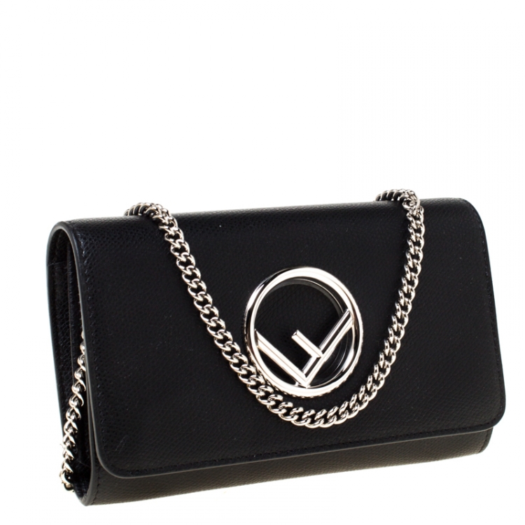Pre Owned Fendi Black Leather Wallet on Chain