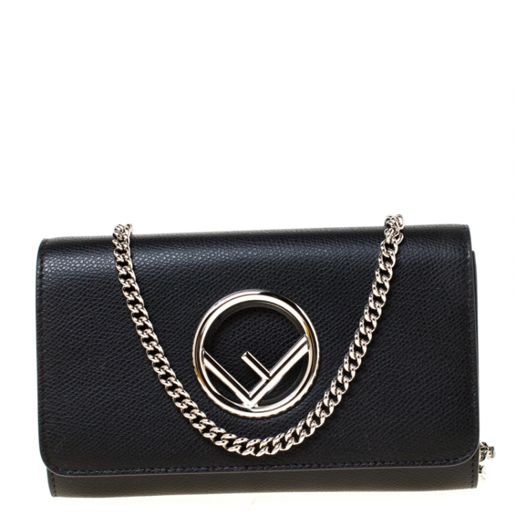 Pre Owned Fendi Black Leather Wallet on Chain