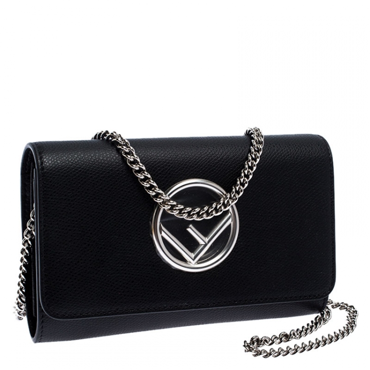 Pre Owned Fendi Black Leather F Chain Clutch