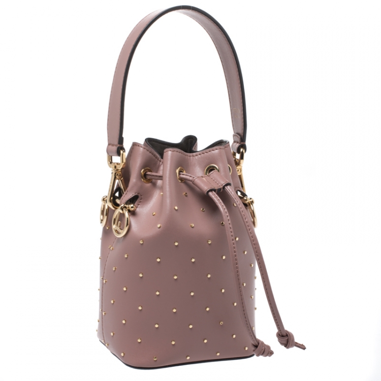 Pre Owned Fendi Rose Pink Studded Leather Mini Mon Tresor Drawstring Bucket Bag