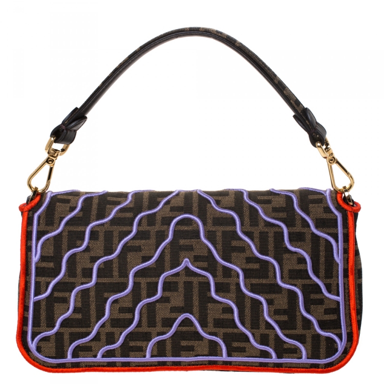 Pre Owned Fendi Tobacco Zucca Canvas and Multicolor Embroidered Convertible Baguette Bag