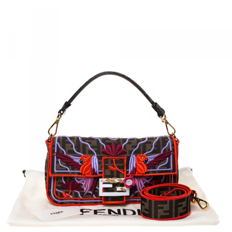 Pre Owned Fendi Tobacco Zucca Canvas and Multicolor Embroidered Convertible Baguette Bag