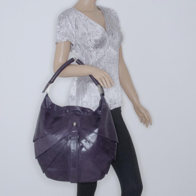 Pre Owned Fendi Purple Crackled Leather Pleated and Tucked Hobo