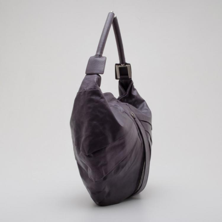 Pre Owned Fendi Purple Crackled Leather Pleated and Tucked Hobo