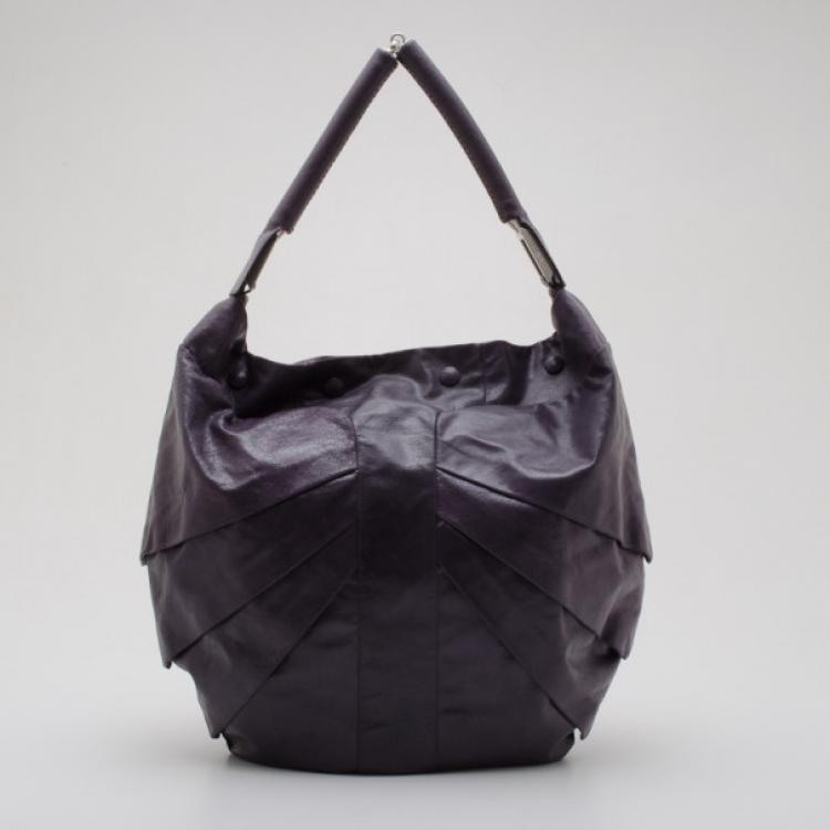 Pre Owned Fendi Purple Crackled Leather Pleated and Tucked Hobo