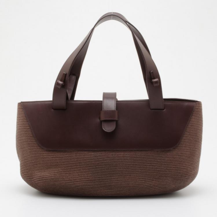 Pre Owned Fendi Brown Leather and Straw Tote Bag