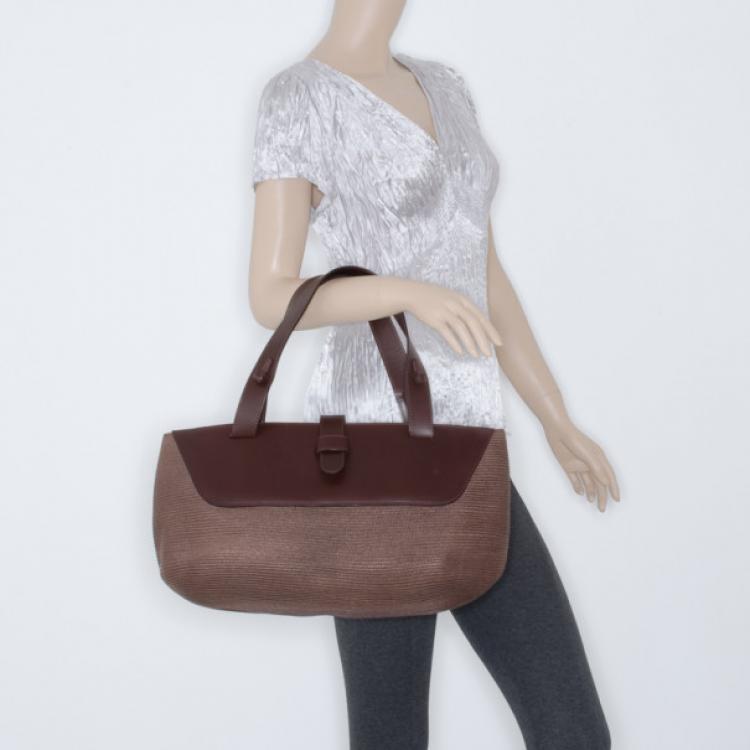 Pre Owned Fendi Brown Leather and Straw Tote Bag