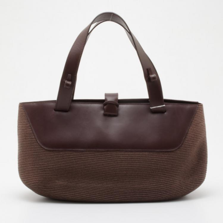 Pre Owned Fendi Brown Leather and Straw Tote Bag