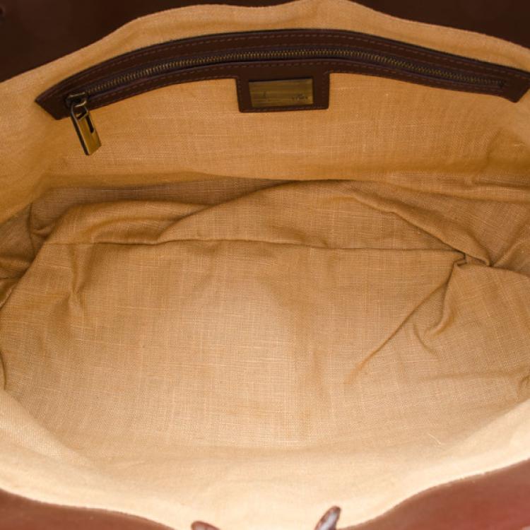 Pre Owned Fendi Brown Leather and Straw Tote Bag