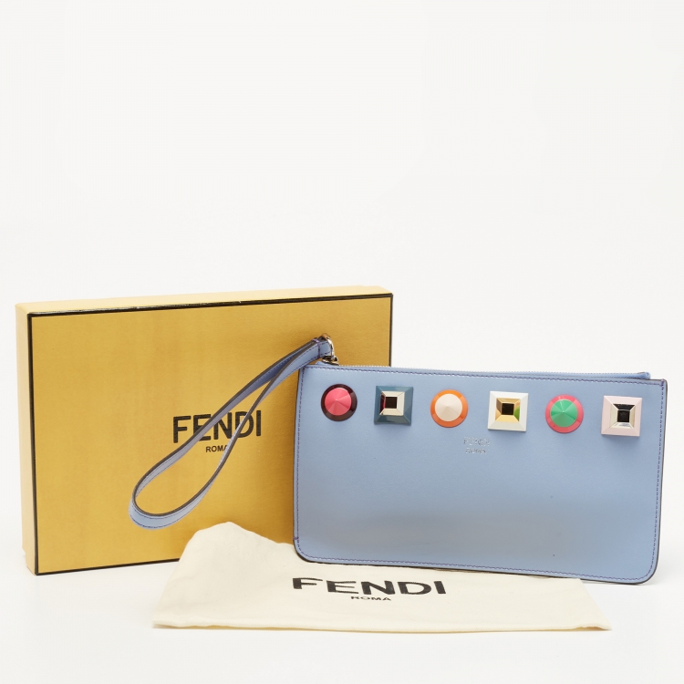 Pre Owned Fendi Light Blue Leather Studded Wristlet Pouch