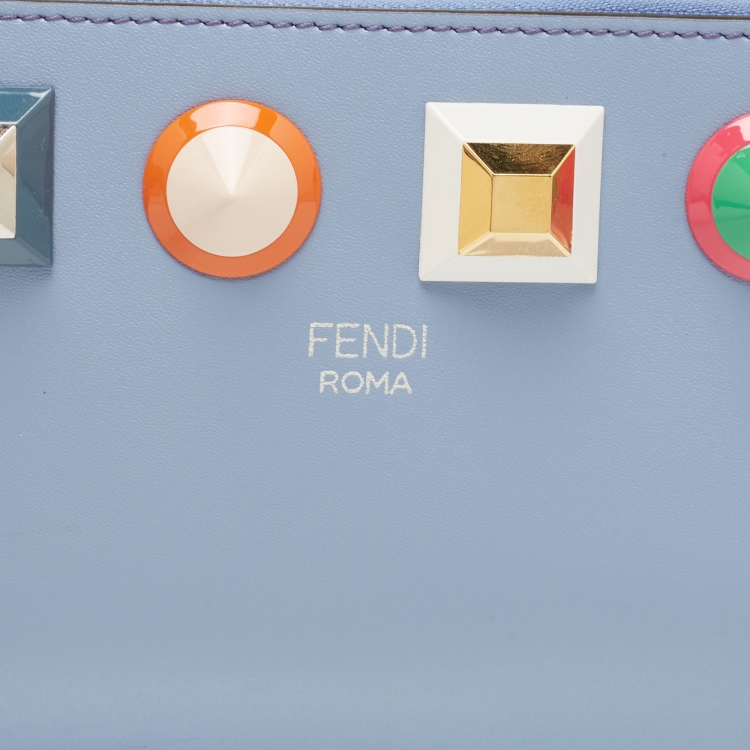Pre Owned Fendi Light Blue Leather Studded Wristlet Pouch