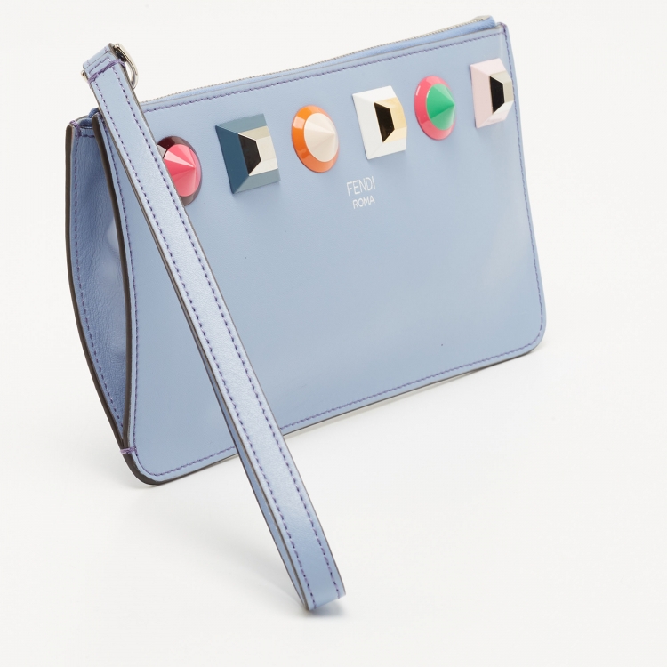 Pre Owned Fendi Light Blue Leather Studded Wristlet Pouch
