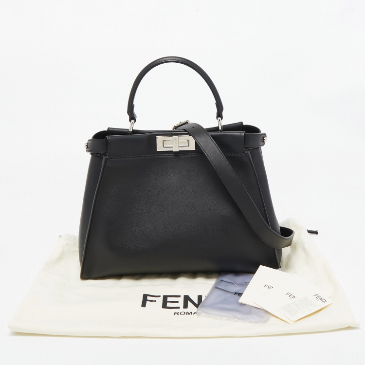 Pre Owned Fendi Black Leather Medium Peekaboo Snakeskin Lining Top Handle Bag