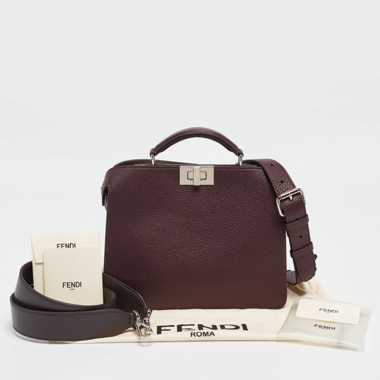 Pre Owned Fendi Burgundy Leather Mini Peekaboo ISeeU Top Handle Bag
