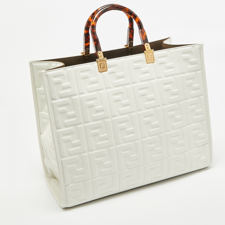 Pre Owned Fendi Off White Zucca Embossed Leather Medium Sunshine Tote