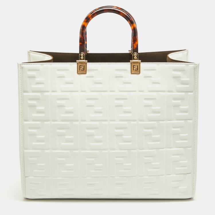 Pre Owned Fendi Off White Zucca Embossed Leather Medium Sunshine Tote