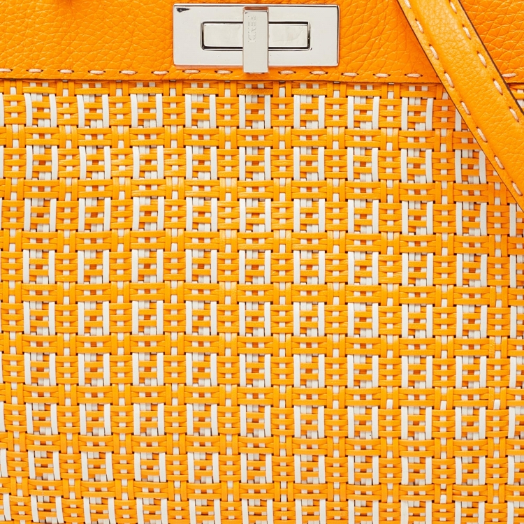 Pre Owned Fendi Orange/White Interlace Leather Medium Peekaboo ISeeU Top Handle Bag