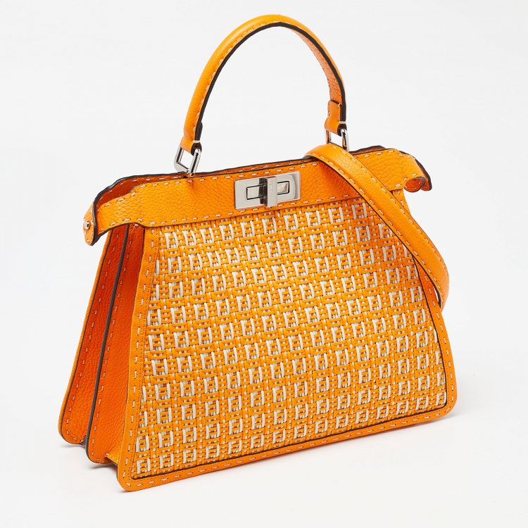 Pre Owned Fendi Orange/White Interlace Leather Medium Peekaboo ISeeU Top Handle Bag