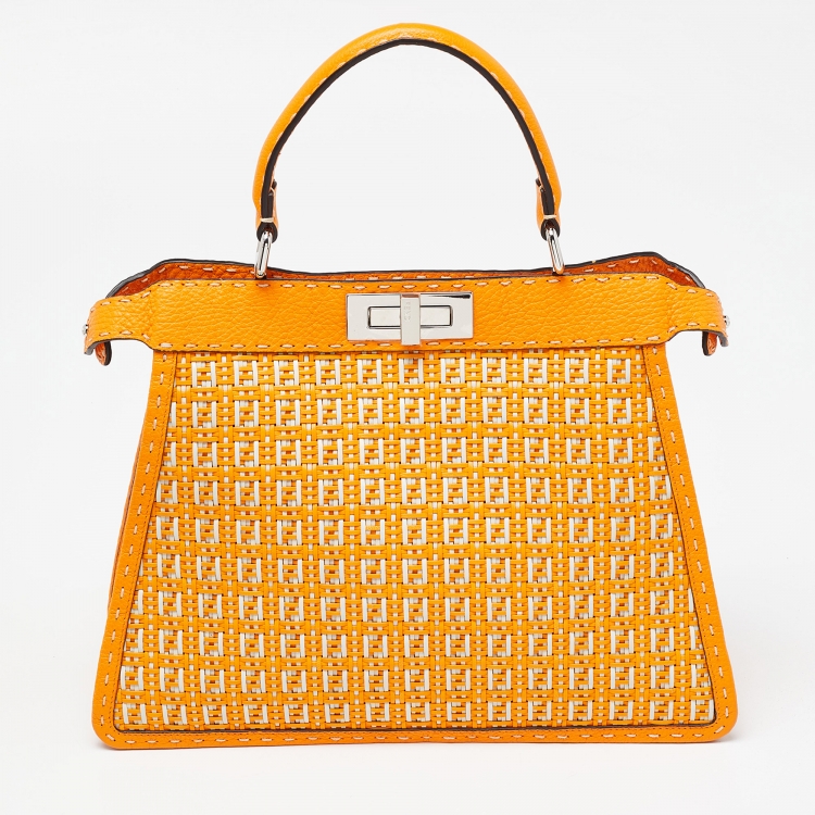 Pre Owned Fendi Orange/White Interlace Leather Medium Peekaboo ISeeU Top Handle Bag