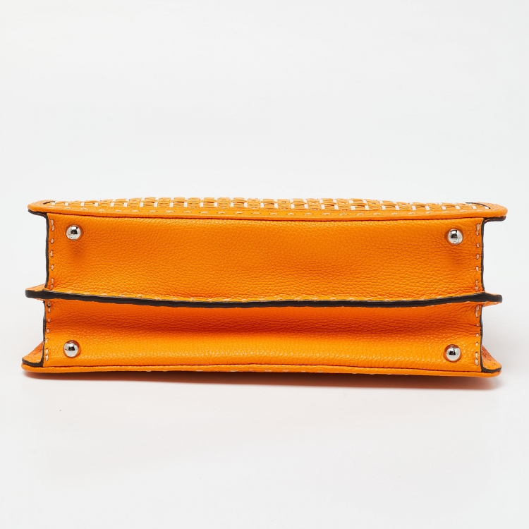 Pre Owned Fendi Orange/White Interlace Leather Medium Peekaboo ISeeU Top Handle Bag