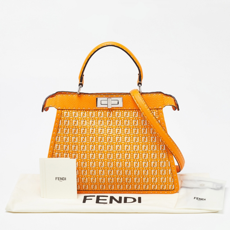 Pre Owned Fendi Orange/White Interlace Leather Medium Peekaboo ISeeU Top Handle Bag