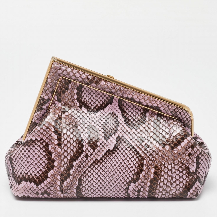 Pre Owned Fendi Pink/Brown Python and Leather Small First Clutch
