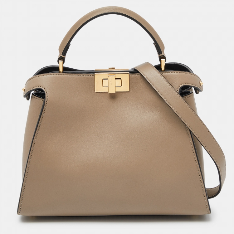 Pre Owned Fendi Taupe Leather Peekaboo Iconic Essentially Top Handle Bag